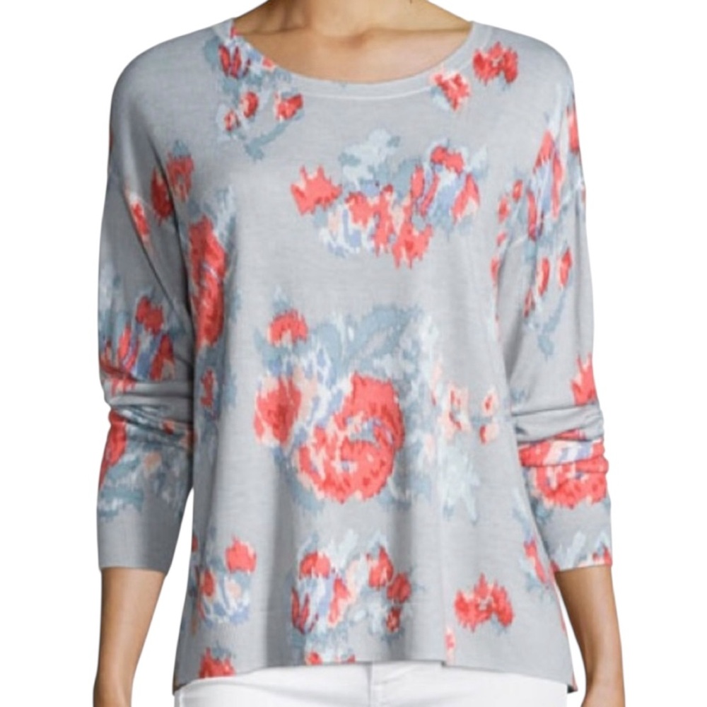 Joie Gray Blue Eloisa Ikat Floral Cashmere Pullover Sweater